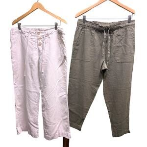 Lot of 2 Pairs of Army Green Beige Linen Blend Cropped Peddle Pushers Pants L